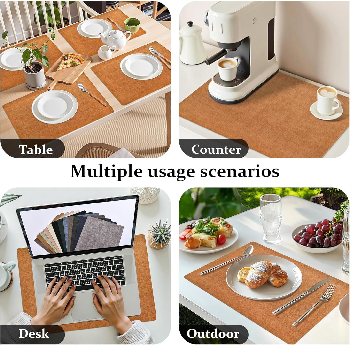 FROMHEART Faux Leather Placemats Set of 6–Waterproof,Heat/Oil Stain-Resistant PU Table Mat–Reversible,Non-Slip,Easy to Clean Place Mats for Kitchen,Dining,Indoor/Outdoor,(Orange-Grey,11.8" x 17")