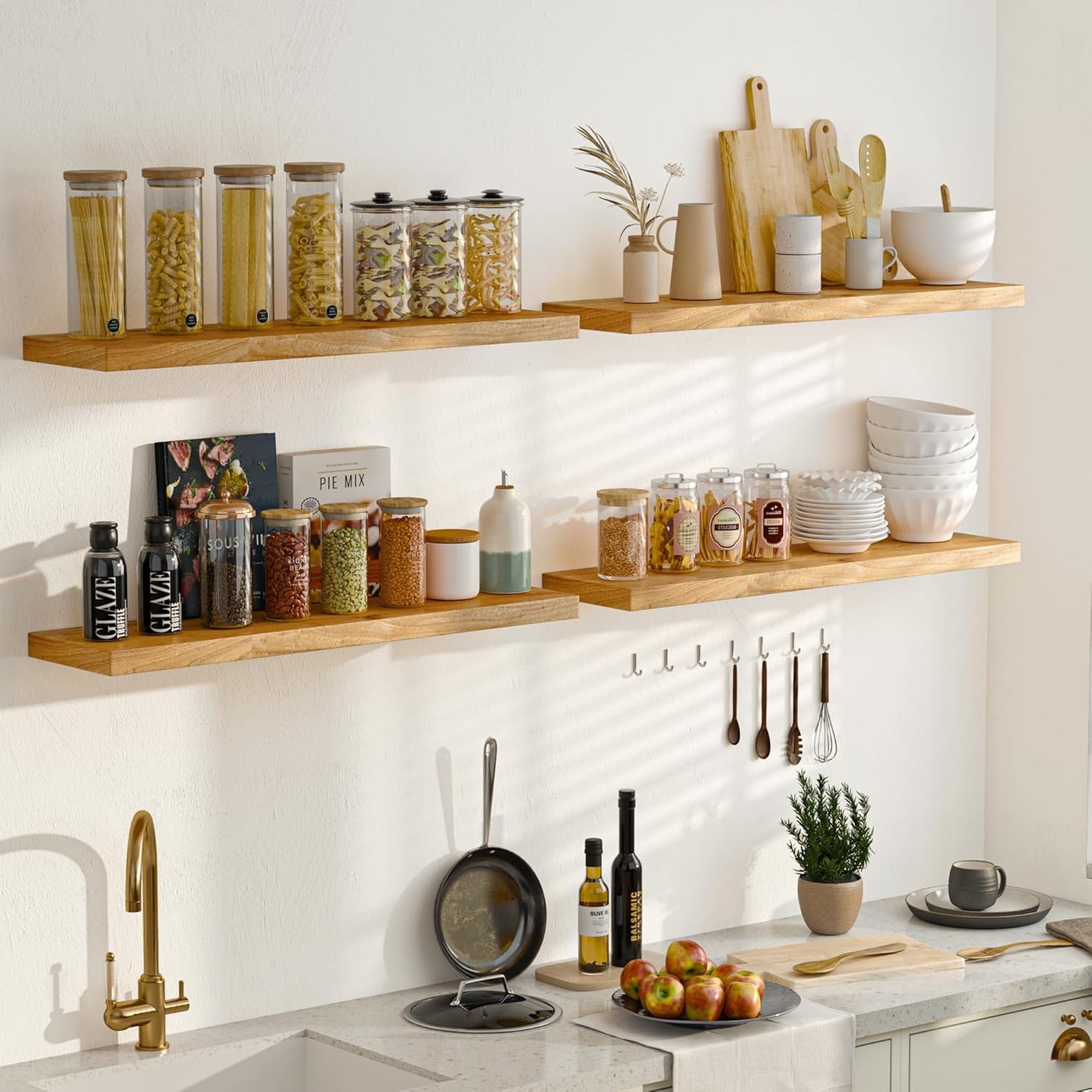 Fun Memories 72 Inch Floating Shelves for Wall, Elm Wood Floating Shelves for Home Décor, Wall-Mounted Display Shelves with Heavy-Duty Bracket, Long Floating Shelf for Kitchen, Living Room, Natural