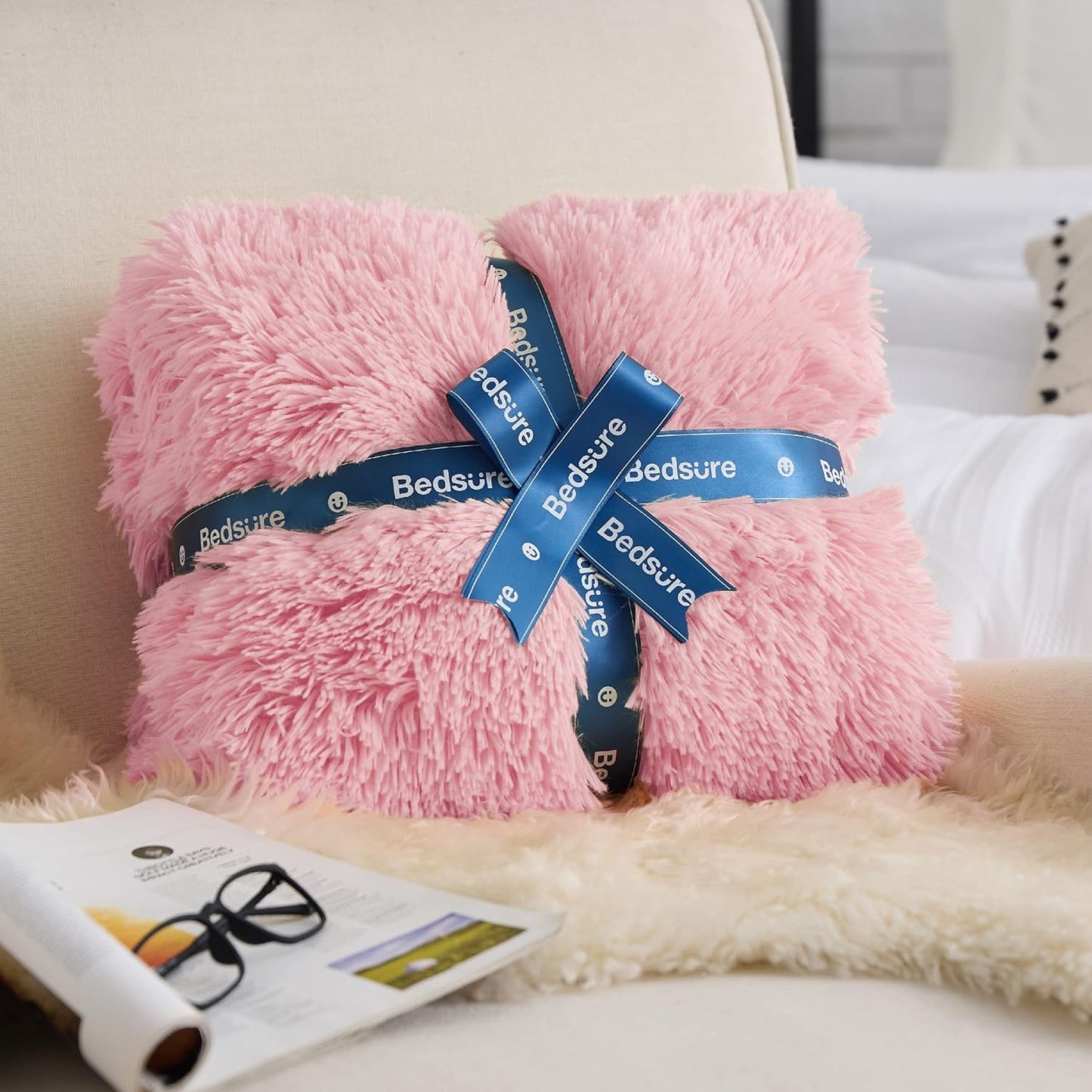 Bedsure GentleSoft Fluffy Pink Blankets Queen Size for Bed, Thick Sherpa Faux Fur Fleece Fuzzy Plush Winter Warm Heavy Soft Full Queen Blankets, Bedroom Decor Pink Gifts Cozy Gifts for Women, 90x90