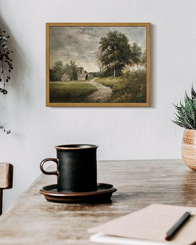 SHENIFY Vintage Landscape Framed Wall Art Rustic Cottage Countryside Farmhouse Decor Retro Painting for Kitchen Living Room Bedroom Bathroom - 8x10in Natural Framed