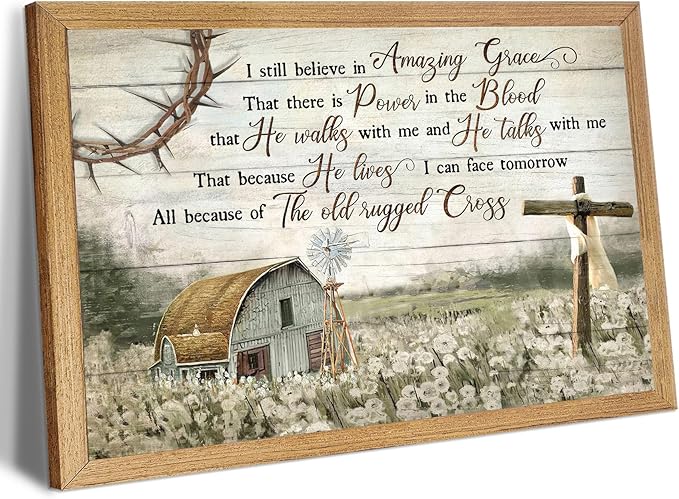 HDXUFJQ Brown Wooden Frame Christian Wall Art Barn Windmill Canvas Wall Decor Religious Cross Wall Art I Still Believe In Amazing Grace Picture Print Christian Prayer Decor Paintings(12"x16")