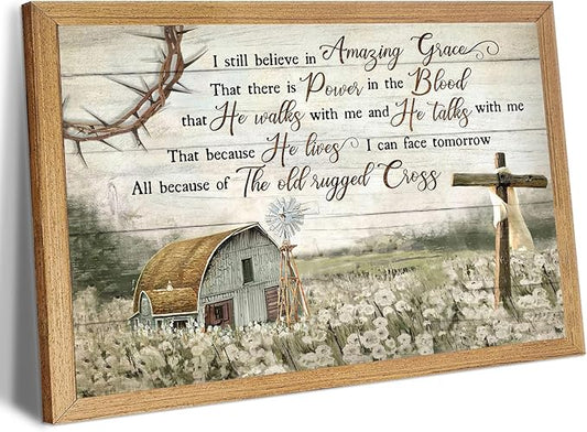 HDXUFJQ Brown Wooden Frame Christian Wall Art Barn Windmill Canvas Wall Decor Religious Cross Wall Art I Still Believe In Amazing Grace Picture Print Christian Prayer Decor Paintings(12"x16")