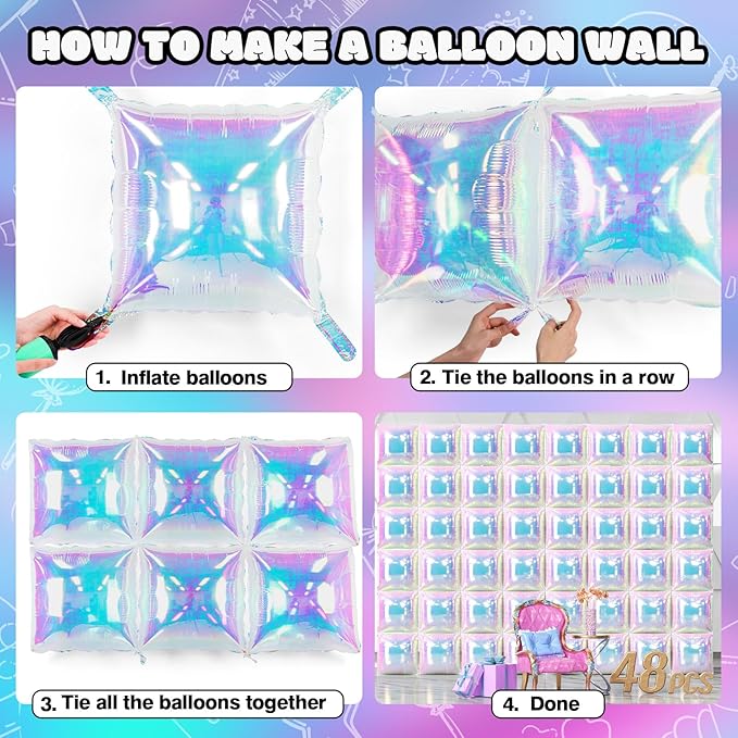 NISOCY 48PCS Iridescent Square Foil Balloons Wall Backdrop Holographic Balloons Tunnel Garland Arch Kit for Birthday Wedding Graduation Bridal Baby Shower New Year Rainbow Party Decorations