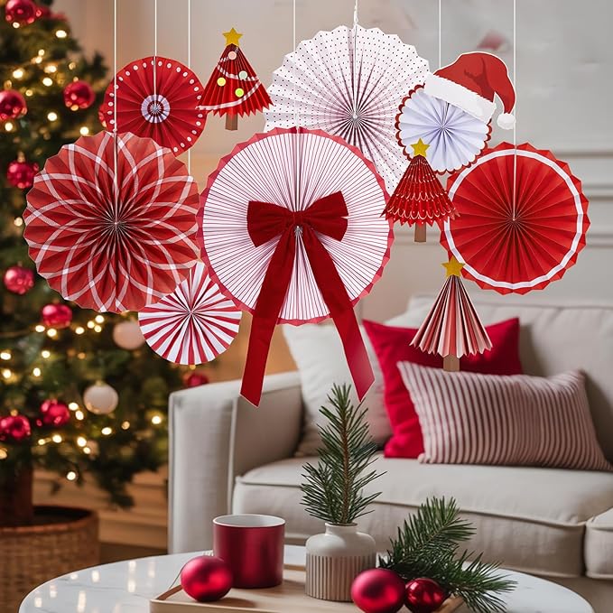 Christmas Paper Fan Decorations Christmas Decorations Classroom Red Hanging Paper Fans 10PCS with Santa Hat Gold Stars for Xmas Winter New Year Wall Ceiling Party Holiday