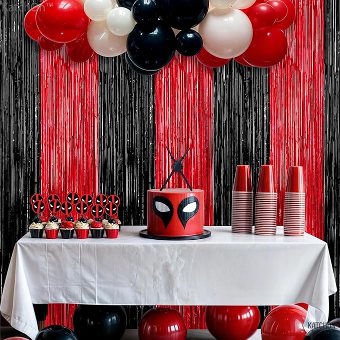 KatchOn Red and Black Fringe Curtain - 6.4x8 Ft Pack of 2 | Red and Black Streamers for Casino Theme Party Decorations | Foil Fringe for Anniversary, Bachelorette | Graduation Decorations 2026