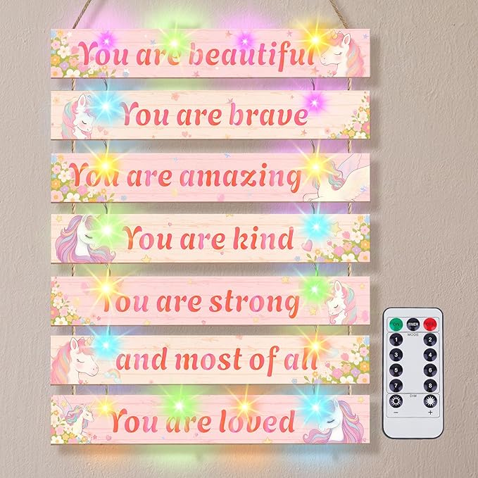 FIOBEE Girls Room Décor for Teen Girls Boys with LED Light Wall Decor for Bedroom Motivational Inspirational Wall Art Girl Room Decoration for Kids Studyroom, 8 Kinds of Lights, Pink Unicorn