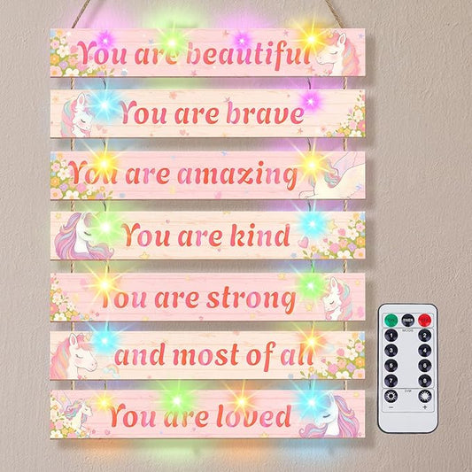 FIOBEE Girls Room Décor for Teen Girls Boys with LED Light Wall Decor for Bedroom Motivational Inspirational Wall Art Girl Room Decoration for Kids Studyroom, 8 Kinds of Lights, Pink Unicorn