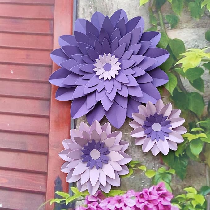 Purple Paper Flower (12''-5'' Assorted) for Wall Backdrop Wedding Mermaid Birthday Baby Shower Purple Party Decor Pack of 6