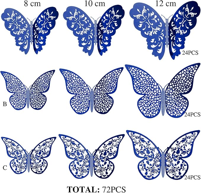 Bememo 72 Pieces 3D Butterfly Wall Decals Sticker Decal Wall Decor Art Decorative Sticker 3 Sizes for Room Offices Bedroom Bathroom Living Room Decor(Sapphire Blue)