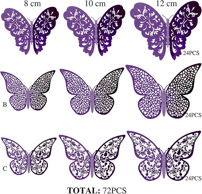 Bememo 72 Pieces 3D Butterfly Wall Decals Sticker Decal Wall Decor Art Decorative Sticker 3 Sizes for Room Offices Bedroom Bathroom Living Room Decor(Purple)