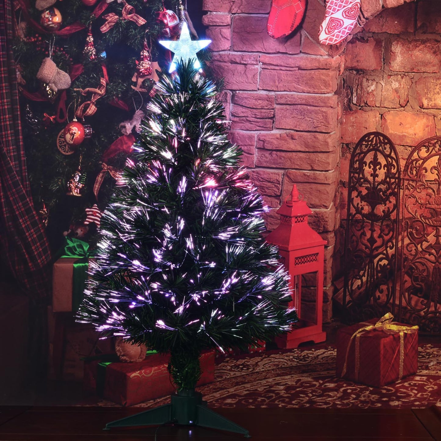 3FT Fiber Optic Green Christmas Tree Artificial Tree with Stand,Pre-lit Full Xmas Tree with Top Star Perfect for Indoor Holiday Decoration