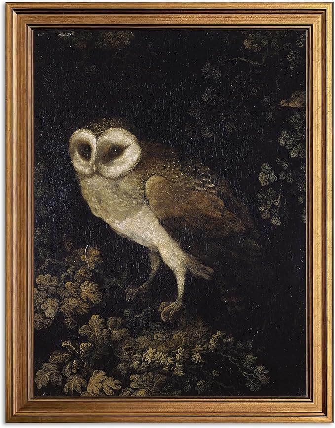 Aroutde Vintage Owl Painting Gold Framed Wall Art for Living Room, Dark Forest Animal Print Home Decor, Moody Wildlife Bird Artwork for Bedroom Apartment Decoration (16L''x12W'')