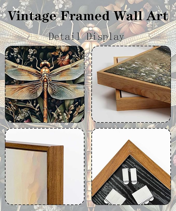 Framed Vintage Botanical Dragonfly Wall Art Dark Green Gothic Nature Dragonfly Flowers Wall Decor Pictures for Living Room Bedroom Home Decoration 8x10in