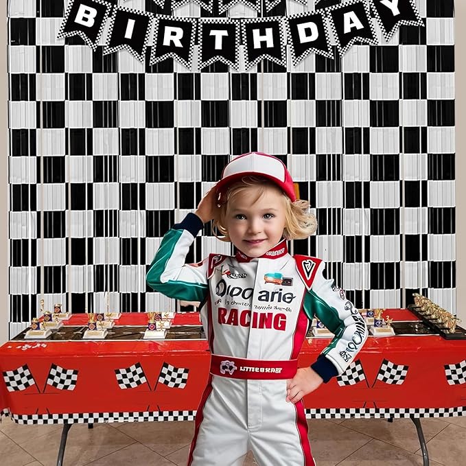 Race Car Birthday Party Streamers Backdrops Decorations, 2 Pcs Checkered Black White Foil Fringe Curtain with Racing Banner Photo Booth Props for Racing Cars One Happy Dude Party Decor Supplies