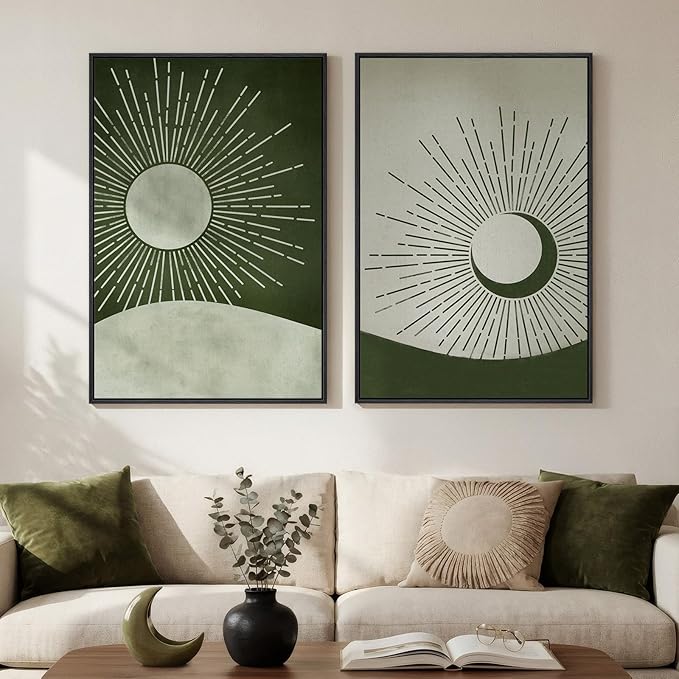 Framed Green Boho Abstract Wall Art Set of 2 for Living Room, Sun and Moon Mid Century Modern Canvas Artwork for Walls, Minimalist Sunburst Bohemian Print Wall Decor for Bedroom Home Office, 24x36 In
