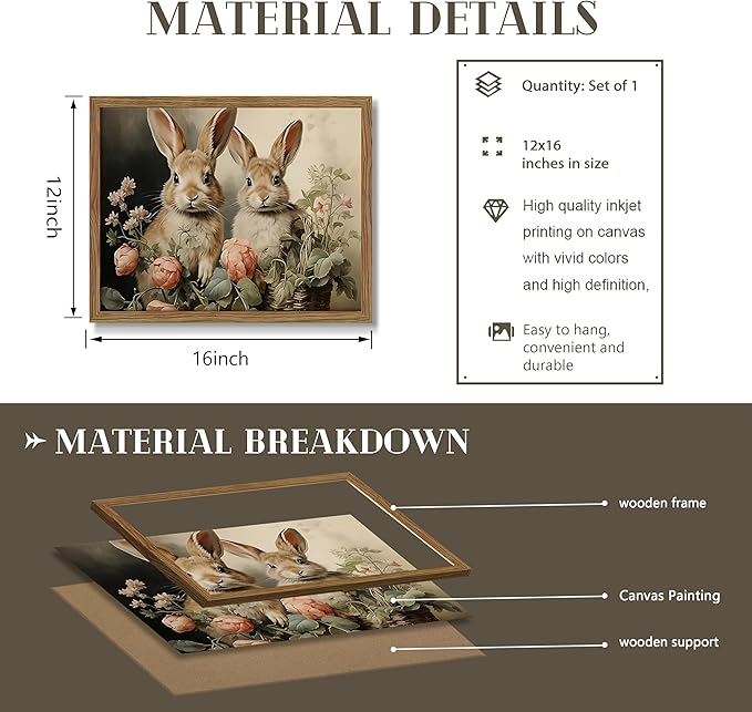 Framed Easter Bunny Wall Art, Two Adorable Rabbits with Flower Basket Picture Prints, Rustic Farmhouse Canvas Artwork, Vintage Holiday Wall Decor for Kids Room Girls Bedroom Living Room 12x16in