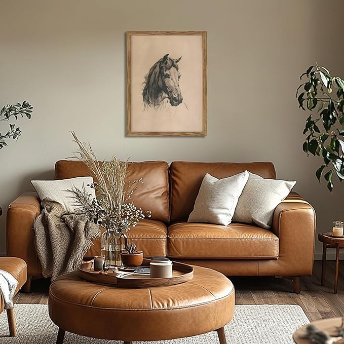 Framed Horse Wall Art, Vintage Horse Head Sketch Canvas Print, Farmhouse Animal Wall Decor, Classic Country Pictures Artwork for Living Room Bedroom Home Decor – 12x16 inch