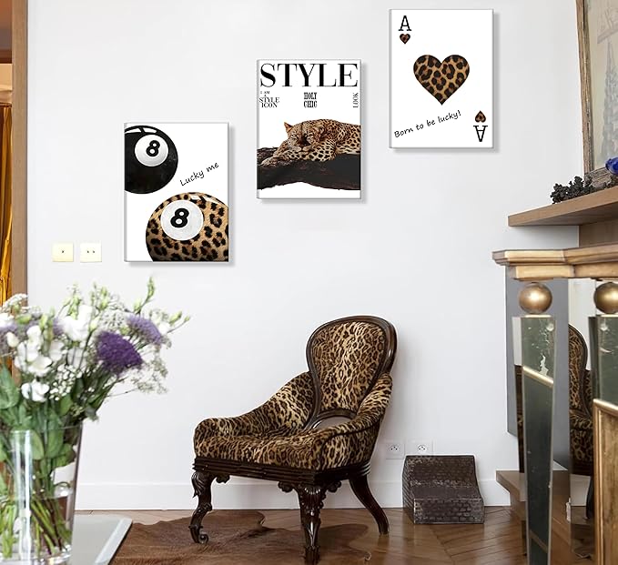 3pcs Framed Fashion Leopard Print Canvas Wall Art Cheetah Paintings Wall Decor Stylish Lucky 8 Ball Posters Prints College Style Room Aesthetic Pictures for Girls Bedroom Apartment Dorm Decoration