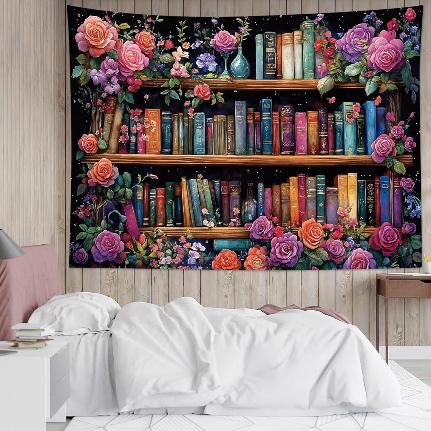 HVEST Bookshelf Tapestry Wall Hanging Pink Floral Green Leaf Watercolor Plant Botanical Aesthetic Wall Decor Vintage Library Book Tapestry for Bedroom Living Room Dorm, 60L x 80W Inches