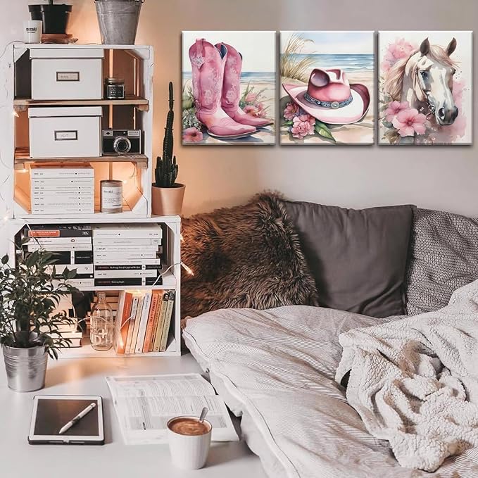 Djmwtb Coastal Cowgirl Canvas Wall Art Western Girl Room Decor Framed Set of 3 Pink Flower Boots Hat Horse Pictures Trendy Preppy Posters Prints Watercolor Painting for Dorm Bedroom 16x24in