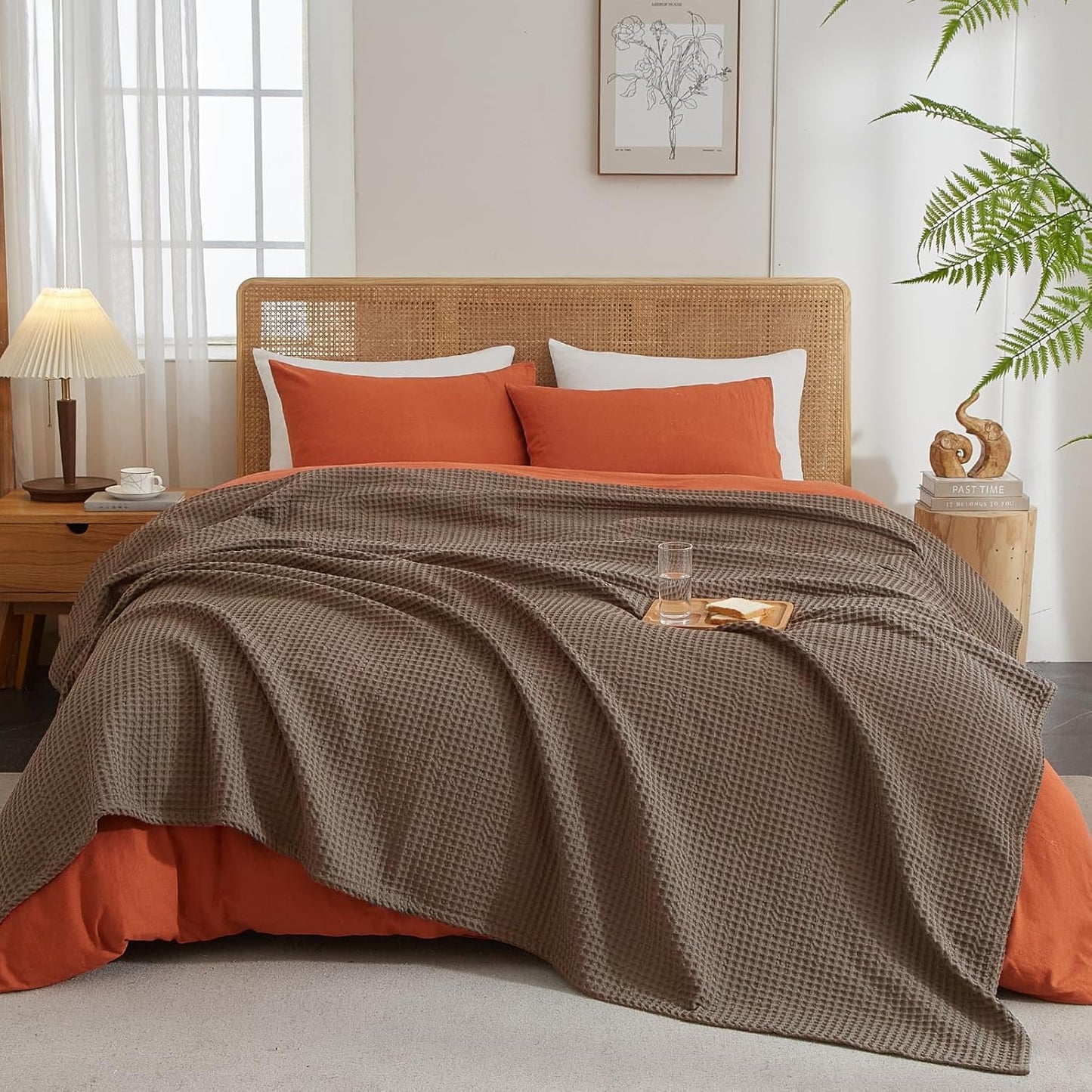 PHF Ultra Soft Waffle Weave Throw Blanket 50"x 60"- Washed Lightweight Breathable Cozy Woven Blanket for Bed - Aesthetic Decor for Couch Bedding Sofa Home Car - Cocoa Brown