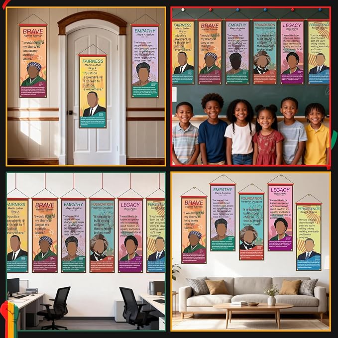 6 Pcs Black History Month Hanging Poster, Inspirational African American February Banner Decorations, Classroom Office School Home Party Celebration Decor for Wall Door Indoor Outdoor Supplies