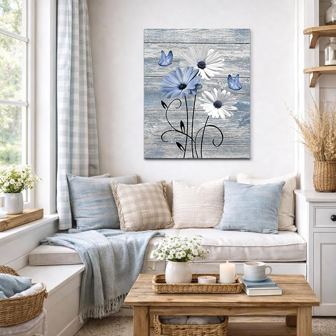 MYUSRE Farmhouse Blue Floral Canvas Wall Art Rustic Wood Daisy Butterfly Framed Wall Art Country Flower Pictures for Living Room Bedroom Bathroom Office Decor Ready to Hang, 16L X 12W Inch