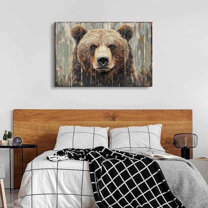 Farmhouse Wall Decor Bear Wall Art Funny Animal Painting Rustic Animal Heads Canvas Prints Nature Wildlife Portrait Pictures Modern Artwork for Kid Bedroom Living Room Home Decoration 32x48"