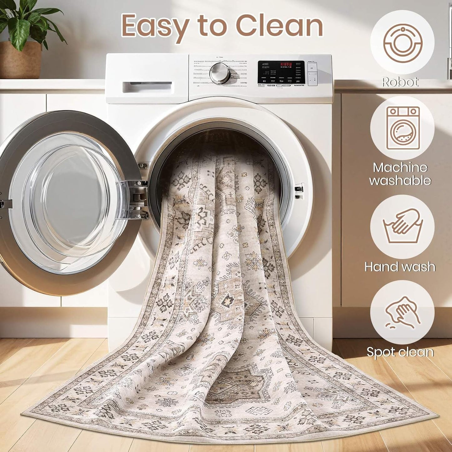 Washable Area Rugs for Living Room -10x14 Neutral Vintage Distressed Floral Farmhouse Boho Large Soft Floor Rug Indoor Non Slip Carpet for Living Room Bedroom Dining Room Office-Beige Brown