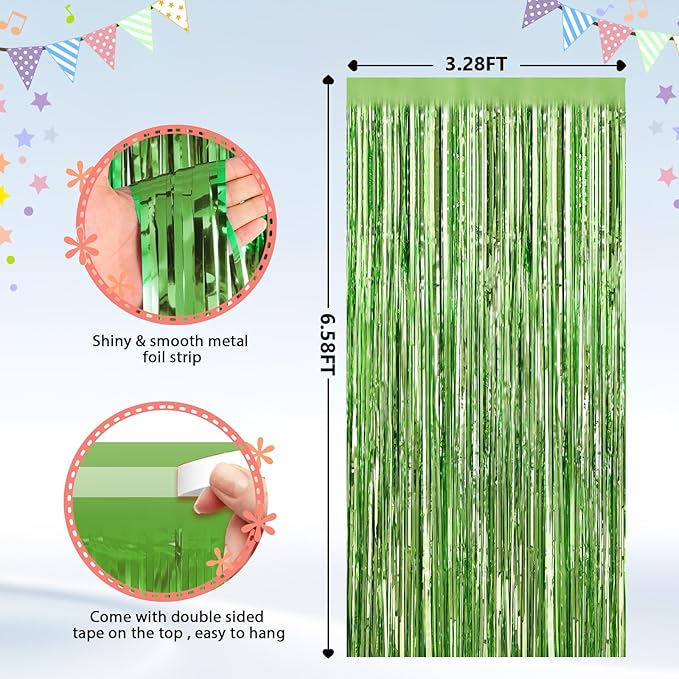 2Pack Light Green Foil Curtain Backdrop Green Metallic Tinsel Foil Fringe Curtains Photo Booth Props for Birthday Wedding Engagement Baby Shower Bachelorette Xmas Holiday Celebration Party Decors