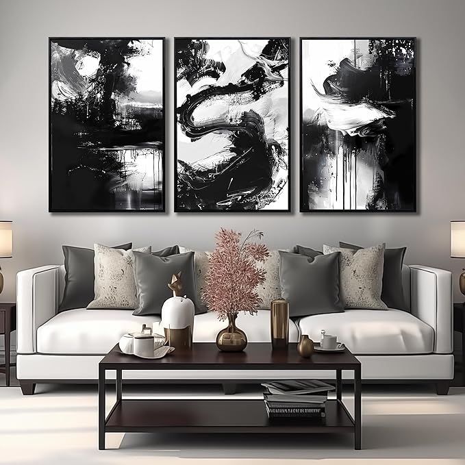Abstract Wall Art for Living Room, Framed Canvas Wall-Decor for Bedroom, Black and White Picture Prints, Size 24 x 36 Inches 3-Pieces
