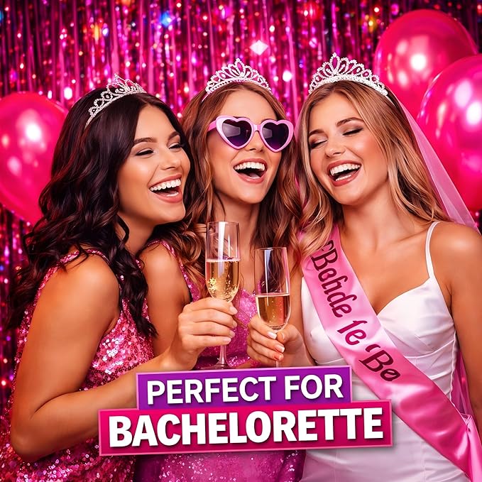 Melsan Hot Pink Foil Fringe Curtains – 3 Pack 3.2 x 8.2 ft Shiny Tinsel Backdrop for Bachelorette Party, Disco Y2K Decorations, Girls Birthday & Photo Booth Backdrop