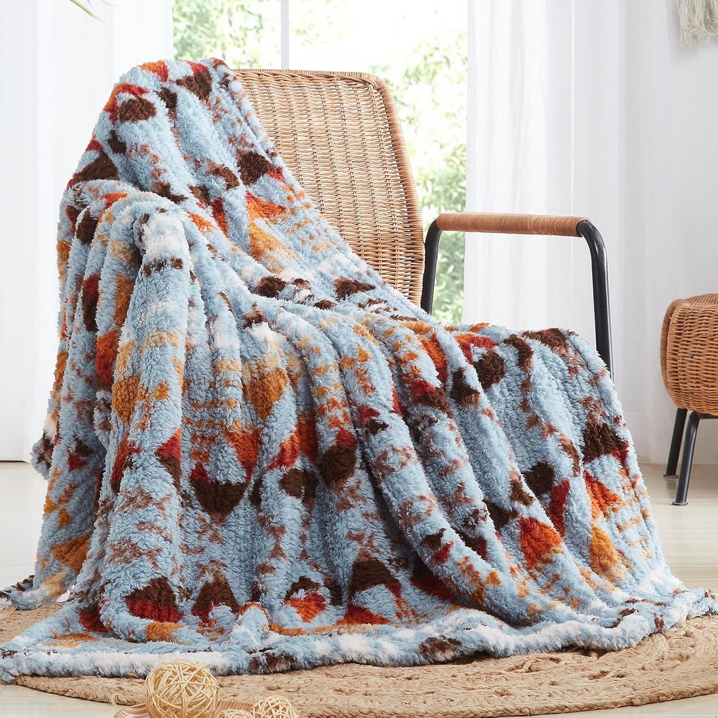 CASAAGUSTO Boho Sherpa Throw Blanket, Aztec King Size Blanket, Ultra Soft, Warm, Cozy, Plush, Thick Fleece Bohemian Throw Blanket for Couch, Bed, Sofa (Blue Grey 108 * 90 Inch)