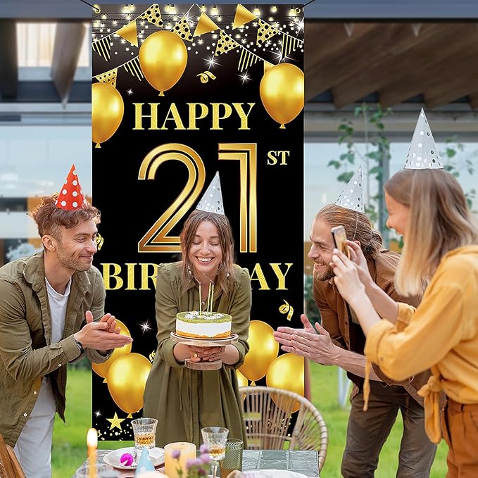 Vicycaty 21st Birthday Decorations for Him & Her, Fabric Happy 21st Birthday Banner Backdrop, 21 Photo Props, Wall Decor, Yard Sign Supplies,Party Decor for Men Women, Black Gold,Indoor Outdoor Use