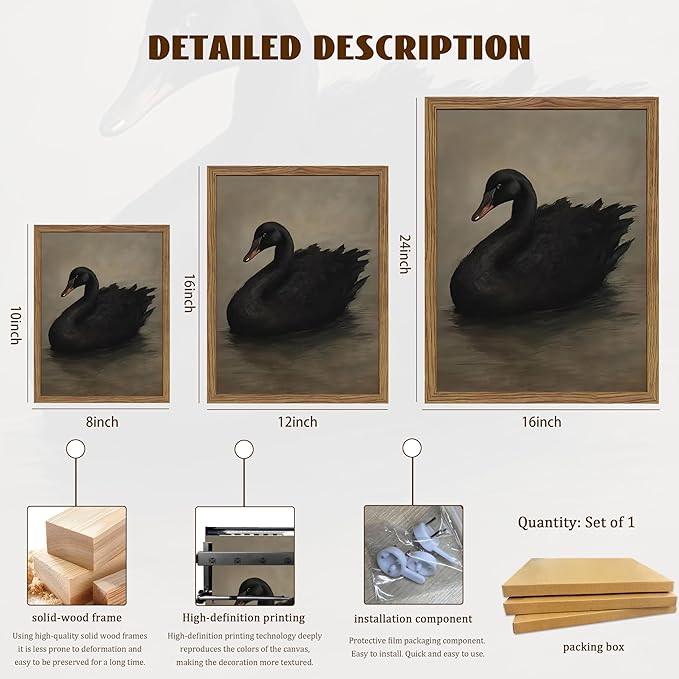 Framed Black Swan Wall Art, Dark Academia Gothic Swan Canvas, Vintage Victorian Animal Pictures Prints, Rustic Farmhouse Wall Decor for Living Room Bedroom Bathroom – 12x16 inch