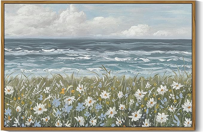 SHENIFY Vintage Landscape Framed Wall Art Sea Coastal Wildflower Field Scenery Farmhouse Decor Retro Painting for Living Room Bedroom Ready to Hang Wall Artwork - 24x36in Natural Framed
