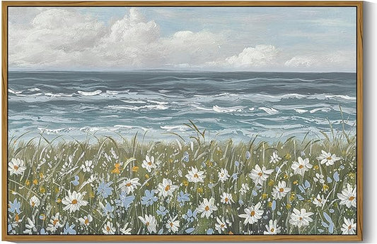SHENIFY Vintage Landscape Framed Wall Art Sea Coastal Wildflower Field Scenery Farmhouse Decor Retro Painting for Living Room Bedroom Ready to Hang Wall Artwork - 24x36in Natural Framed
