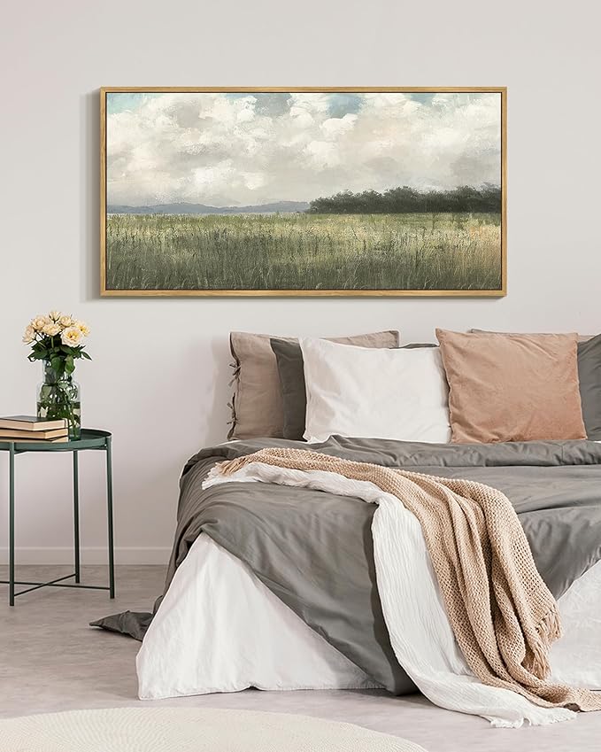 SHENIFY Vintage Landscape Framed Wall Art Country Meadow Scenery Farmhouse Decor Retro Painting for Bedroom Living Room Ready to Hang Wall Artwork - 20x40in Natural Framed