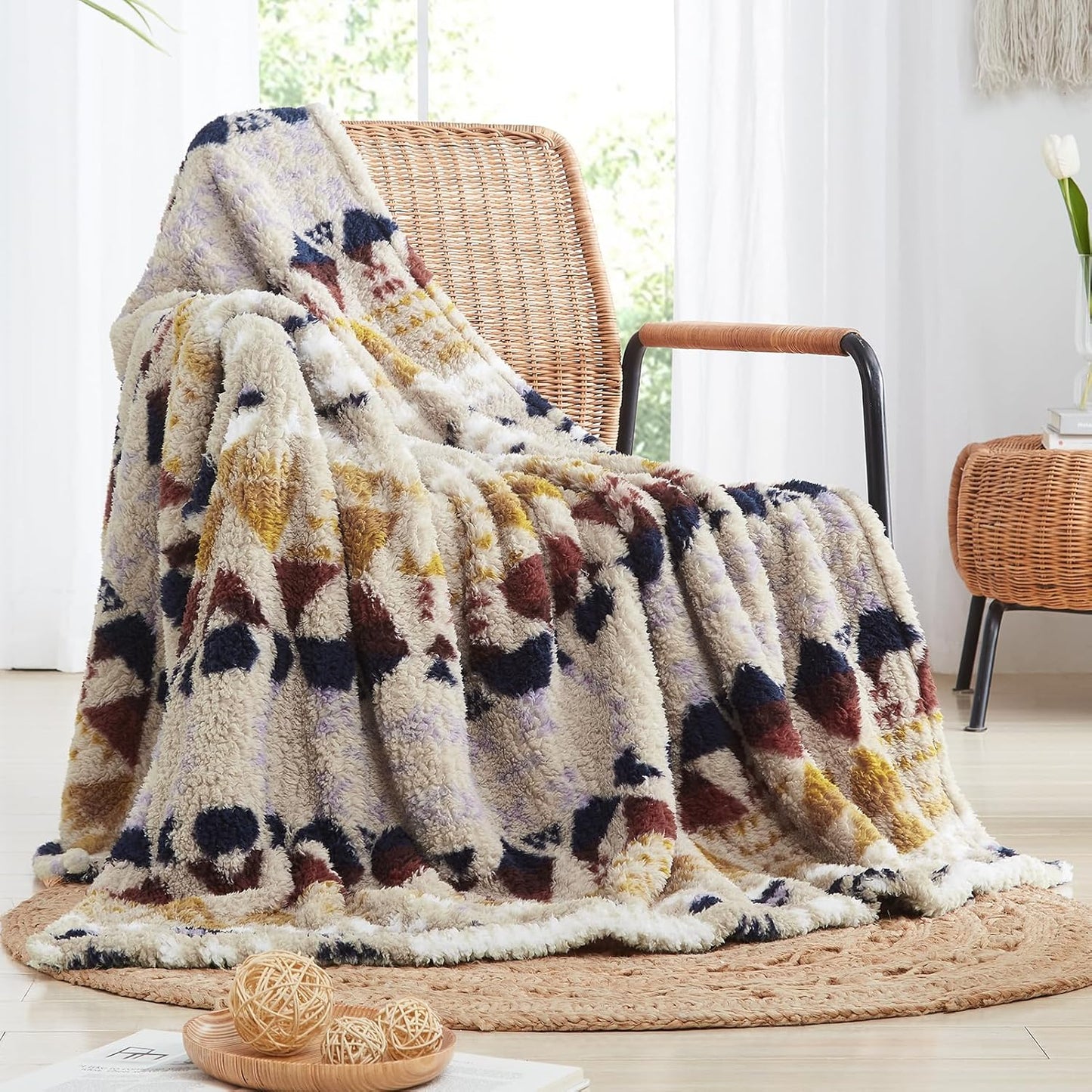 CASAAGUSTO Boho Sherpa Throw Blanket, Aztec Throw Blanket, Ultra Soft, Warm, Cozy, Plush, Thick Fleece Bohemian Blanket for Couch, Bed, Sofa (Khaki 50 * 60 Inch)