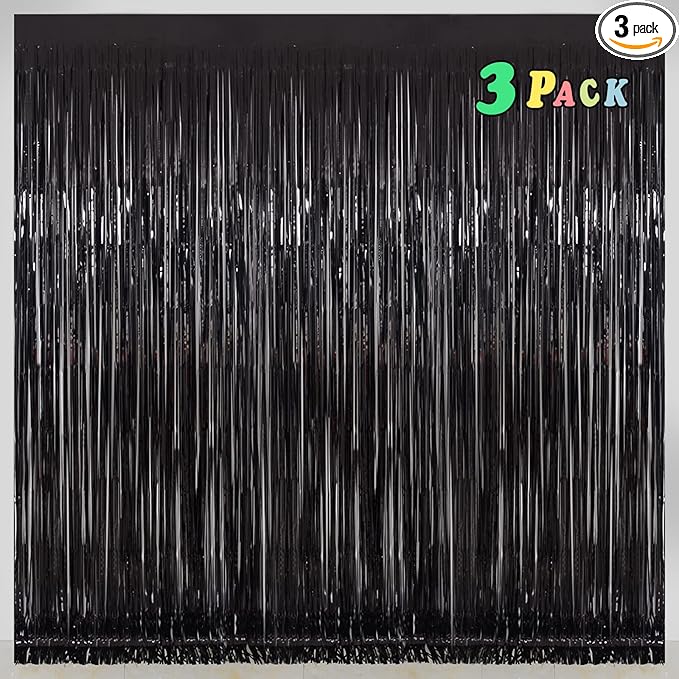 Black Foil Fringe Curtains Party Decorations – 3 Pack 3.2 x 8.2 ft Shiny Black Tinsel Curtain Backdrop for Birthday, Graduation & Photo Booth, Easy to Install