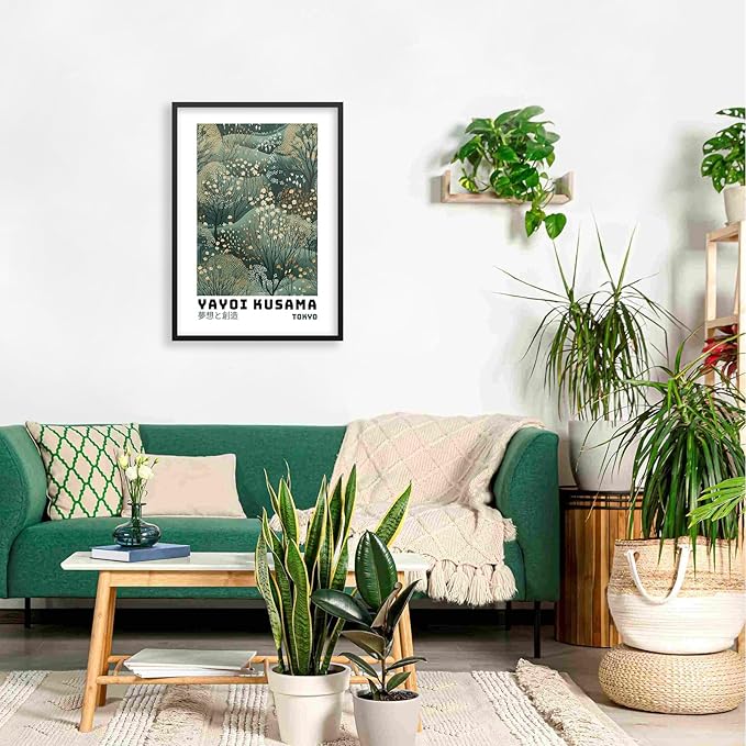 Yayoi Kusama Inspired Poster Japanese Botanical Wall Art Abstract Yayoi Kusama Print Modern Ukiyo-e Japanese Gallery Wall Decor 11x14in Black Framed for Home Bedroom Decorations