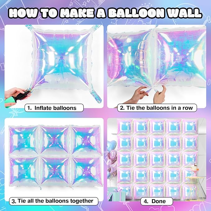 NISOCY 25PCS Iridescent Square Foil Balloons Wall Backdrop Holographic Balloons Tunnel Garland Arch Kit for Birthday Wedding Graduation Bridal Baby Shower New Year Rainbow Party Decorations