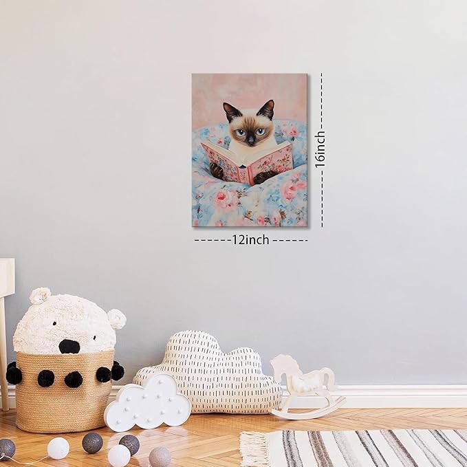 Framed Cat Reading Book Canvas Wall Art, Cute Pink Siamese Cat Wall Decor Print Painting, Funny Animal Lovers Picture for Bedroom Living Room Kids Room Girls Room Home Decor 12x16 Inch