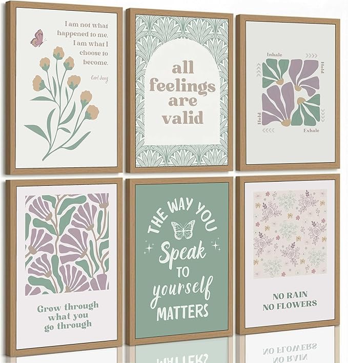 6 Pcs Mental Health Canvas Wall Art Psychology Therapy Motivational Quotes Green And Purple Abstract Boho Floral Painting Pictures Wall Decor Poster Print Artwork for Bedroom Office Unframed