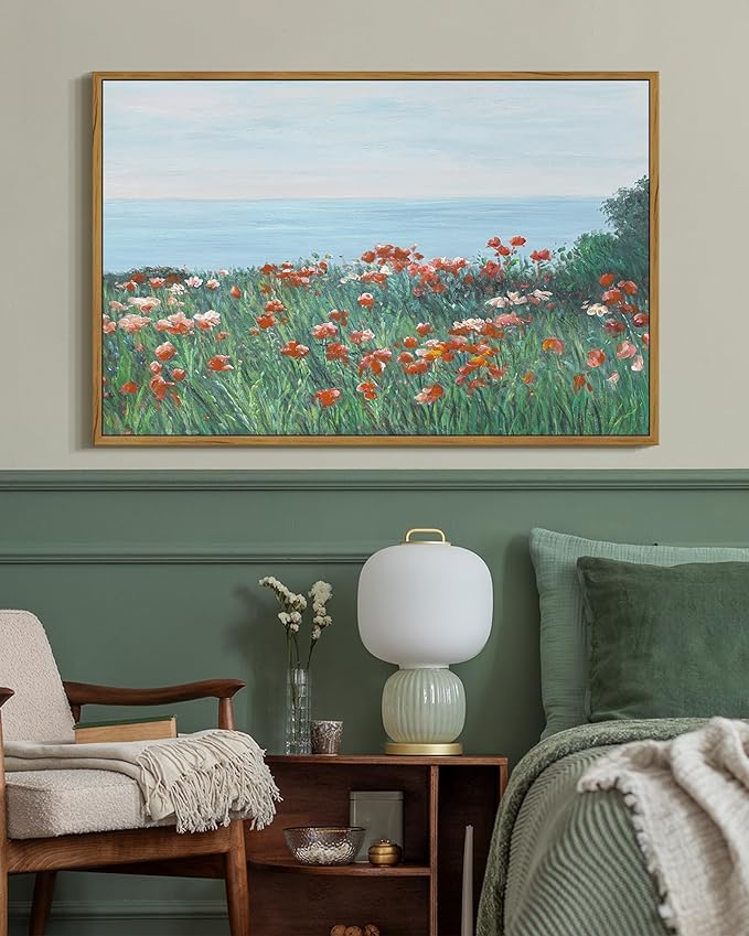 SHENIFY Vintage Framed Wall Art Coastal Wildflower Field Poppy Flower Landscape Scenery Home Decor Retro Decorations for Farmhouse Bedroom Ready to Hang Wall Artwork - 16x24in Natural Framed