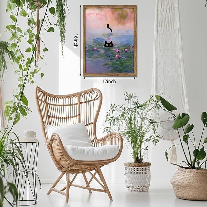 Vintage Framed Cat Canvas Wall Art Monet Print, Funny Black Cat in Water Lilies Poster, Monet Office Wall Decor, Floral Oil Painting Picture Artwork for Living Room Bathroom Aesthetic – 12x16 inch
