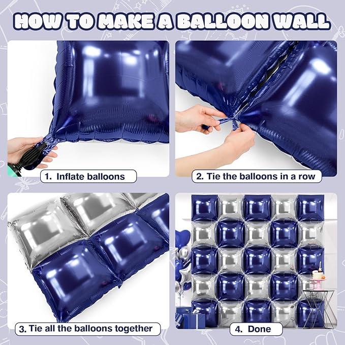 NISOCY 25PCS Blue Silver Square Foil Balloons Wall Backdrop Double Sided Navy Blue Silver Balloons Arch Kit for New Year Birthday Graduation Wedding Baby Bridal Shower Anniversary Party Decorations