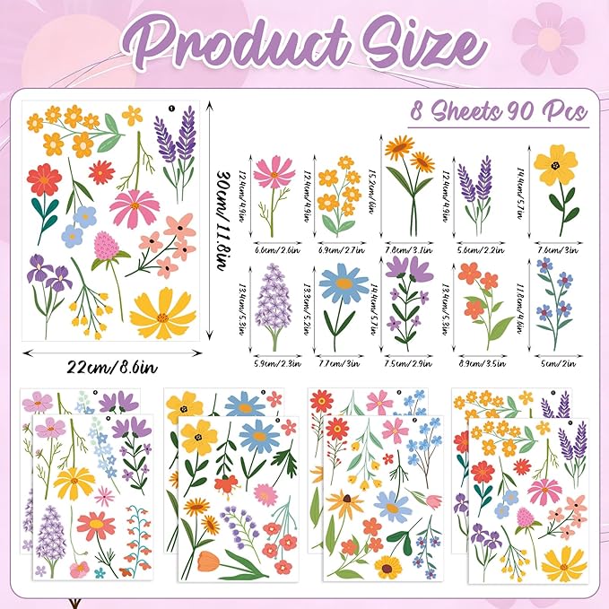Spring Flower Wall Stickers, 8 Sheets Wildflower Wall Decals Peel and Stick Floral Wall Decor for Girls Bedroom Nursery Spring Room Decorations 90 Pcs