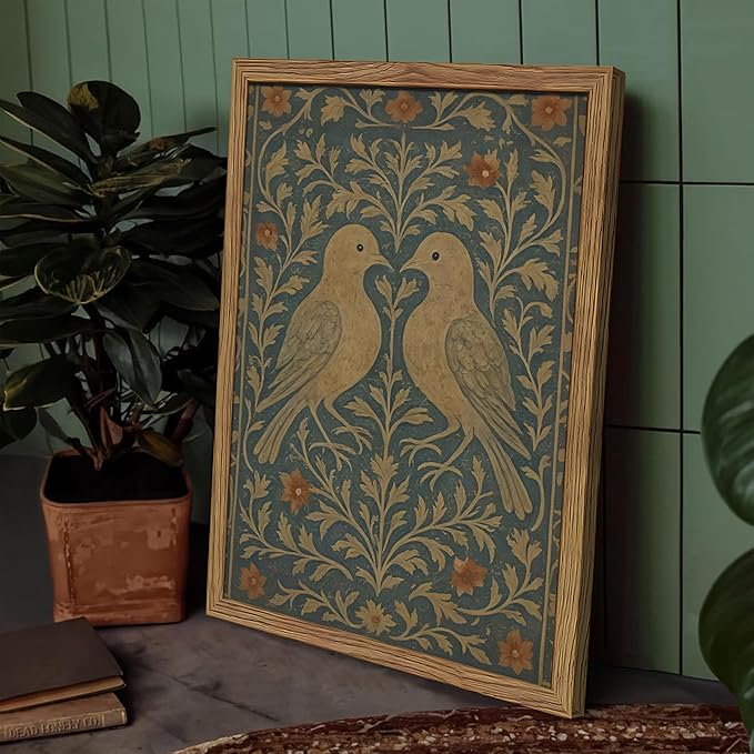 Framed Lovebirds Canvas Wall Art, Vintage Botanical Blue Rustic Wall Decor, Farmhouse Birds Botanical Pictures Prints, Nature Painting Artwork Aesthetic for Living Room Bedroom – 16x24 inch