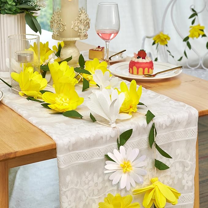 EASY JOY Crepe Paper Flowers Banners White Yellow Floral Banner Spring Hanging Paper Flower Leaves Garlands for Spring Birthday Wedding Home Decorations